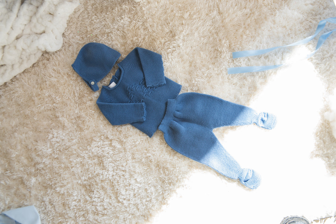 GIFT BOX Indigo Star Knit Set & Pima Cotton Baby Blanket | Bunny Ears Romper