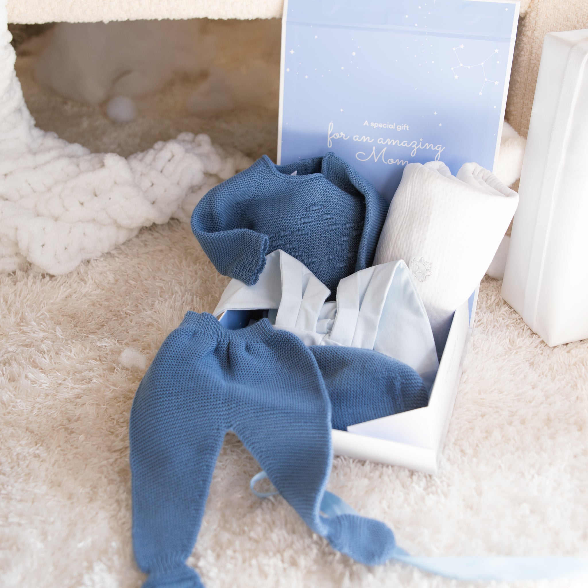 GIFT BOX Indigo Star Knit Set & Pima Cotton Baby Blanket | Bunny Ears Romper