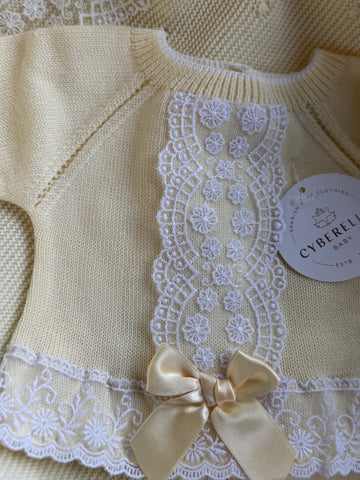 Yellow Grace in Lace – 4-pc Knit Set with Delicate Embroidered Trim #C8007