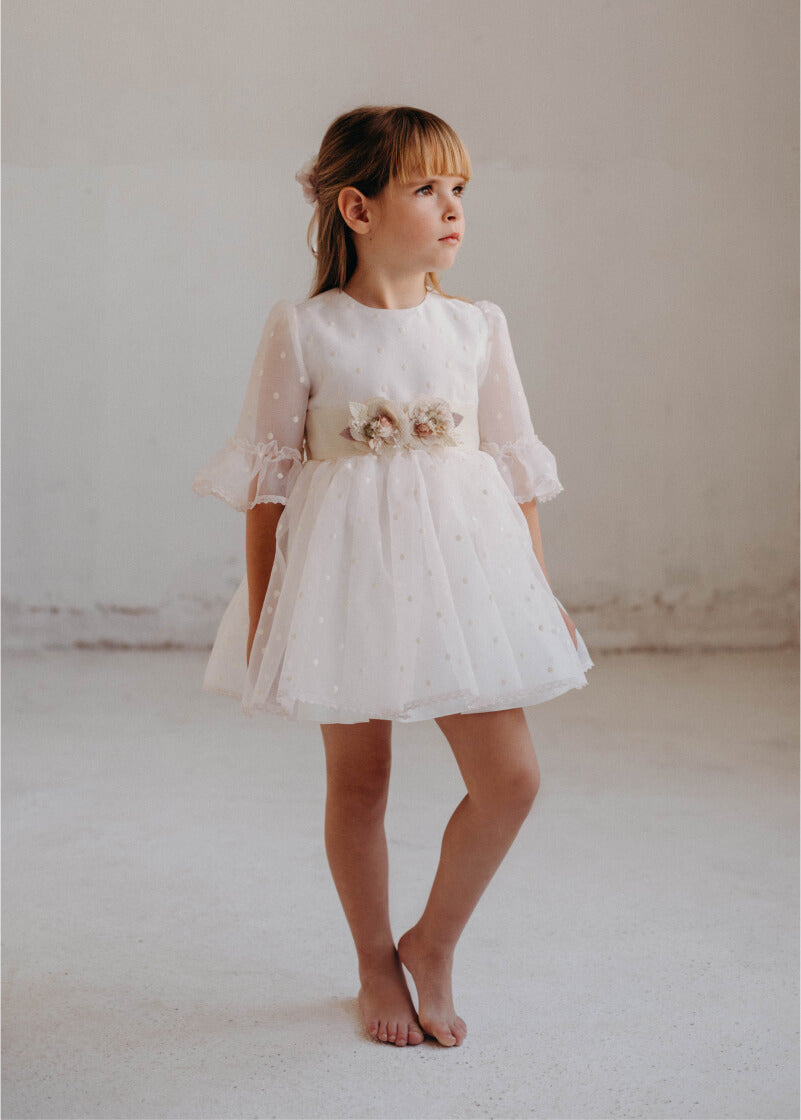 Cortejo Girls' Dress - Organza Rayada con Bodoques (Rosa)