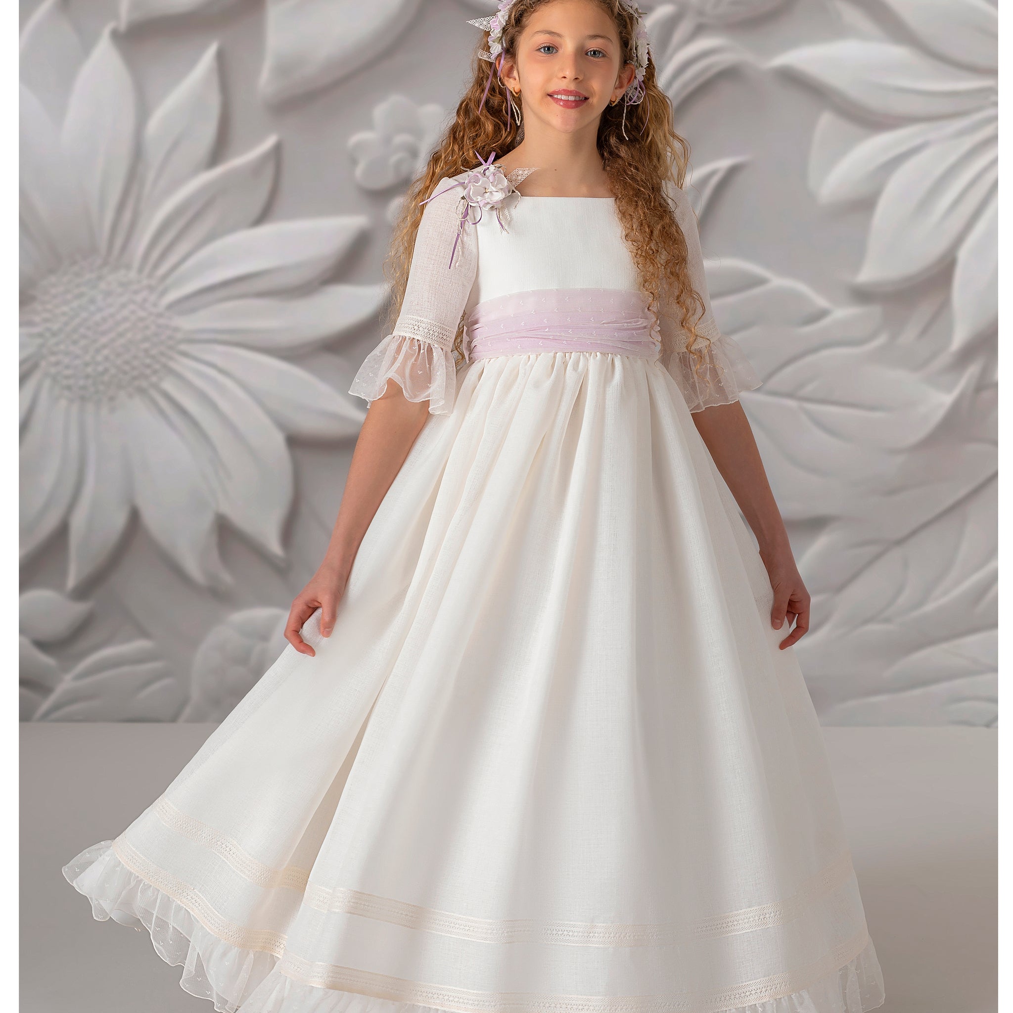 First Communion Dress Model 5805: Elegance and Romance in Light Ivory