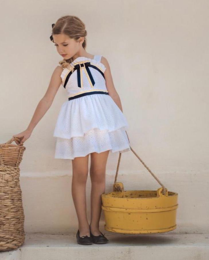 Elegant White Dress with Blue & Yellow Accents - 257