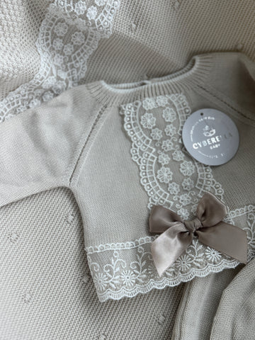 Light Brown Grace in Lace – 4-pc Knit Set with Delicate Embroidered Trim #C8007