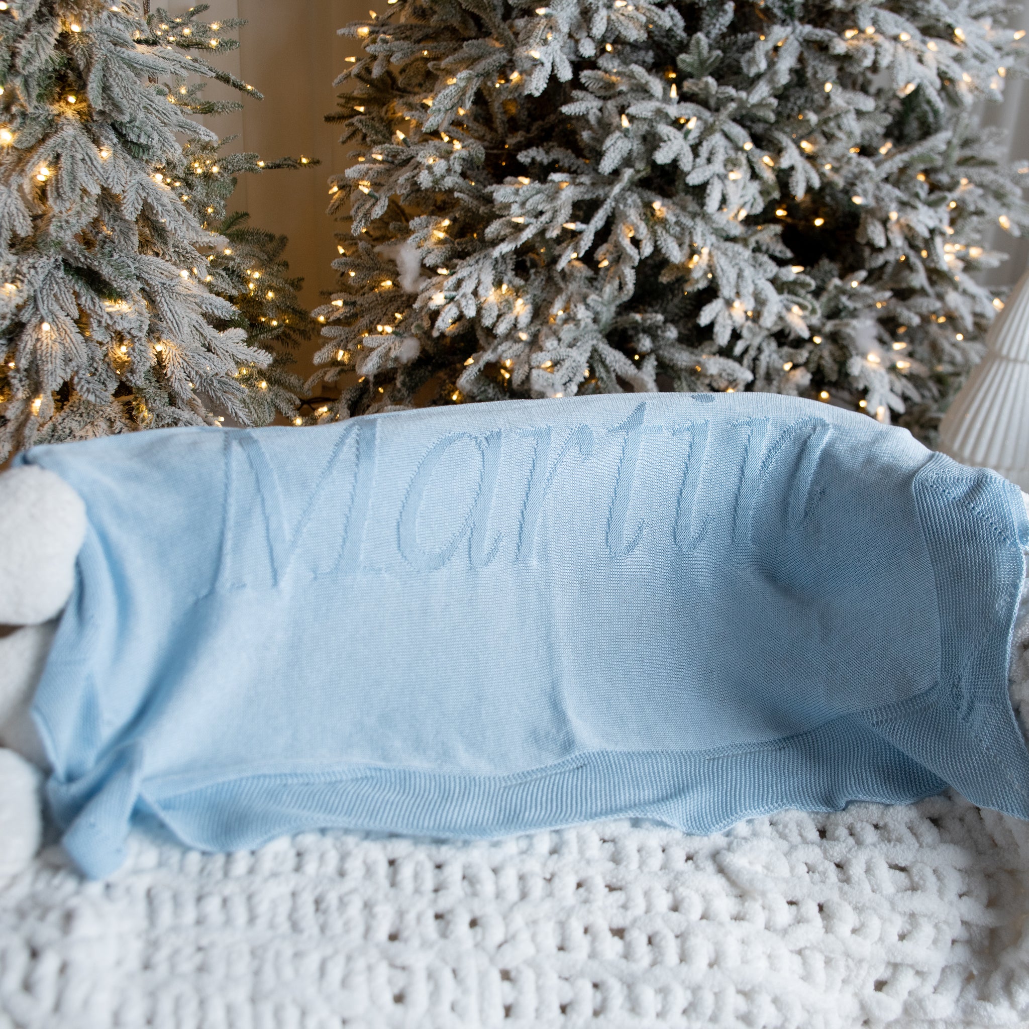 Personalized Organic Cotton Knit Blanket - Blue with "Martin"