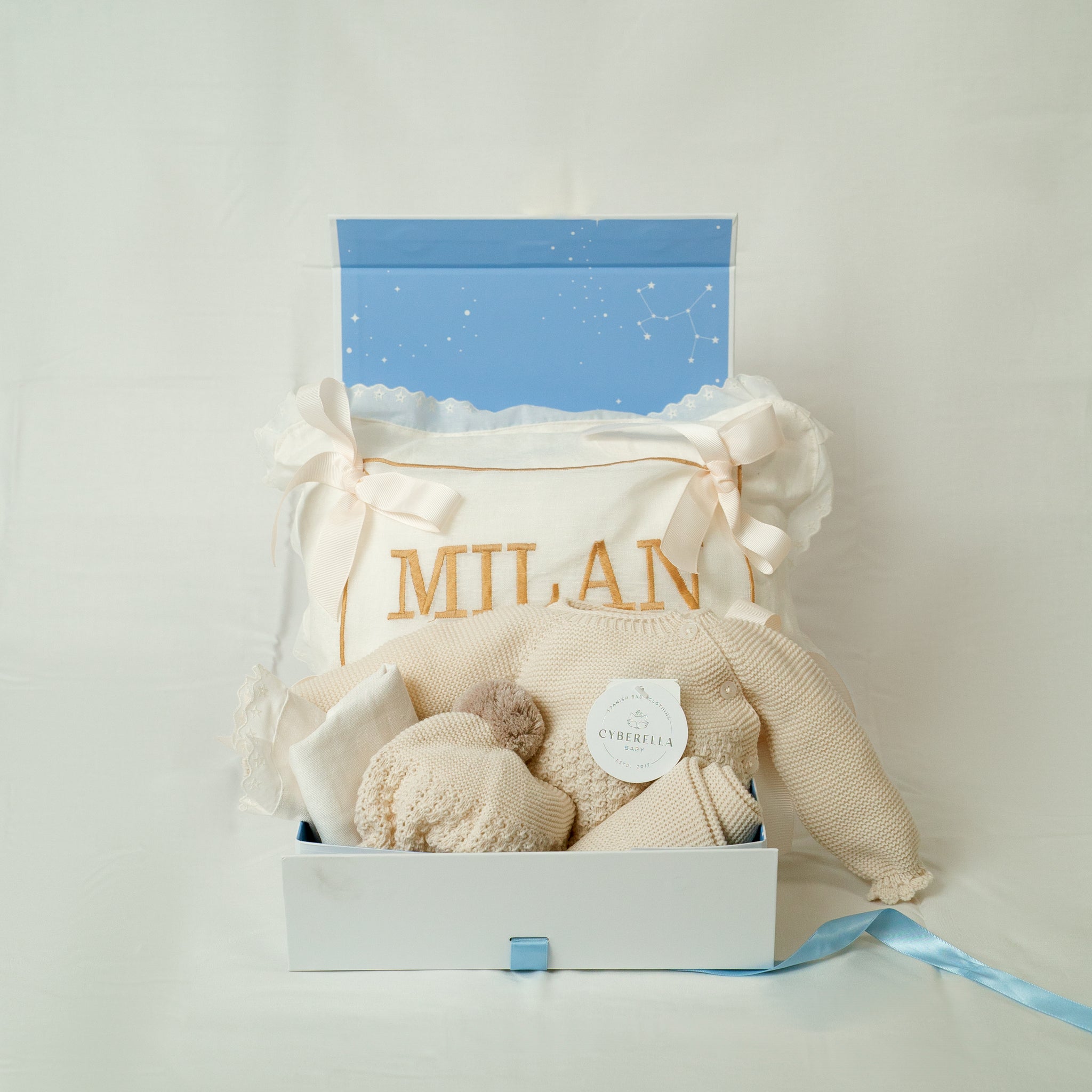 GIFT BOX - Set of MARFIL Knit Baby Boy Outfit: Bib, Burp Cloth, Personalized Pillow