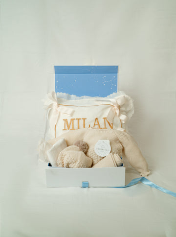 GIFT BOX - Set of MARFIL Knit Baby Boy Outfit: Bib, Burp Cloth, Personalized Pillow