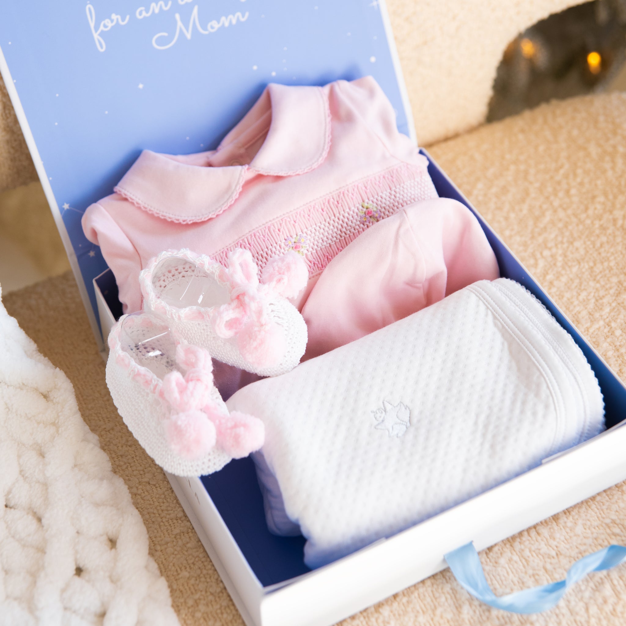 GIFT BOX Pima Cotton Smocked Romper Set – Includes Hat, Blanket and White Knit Shoes with Pom-Poms