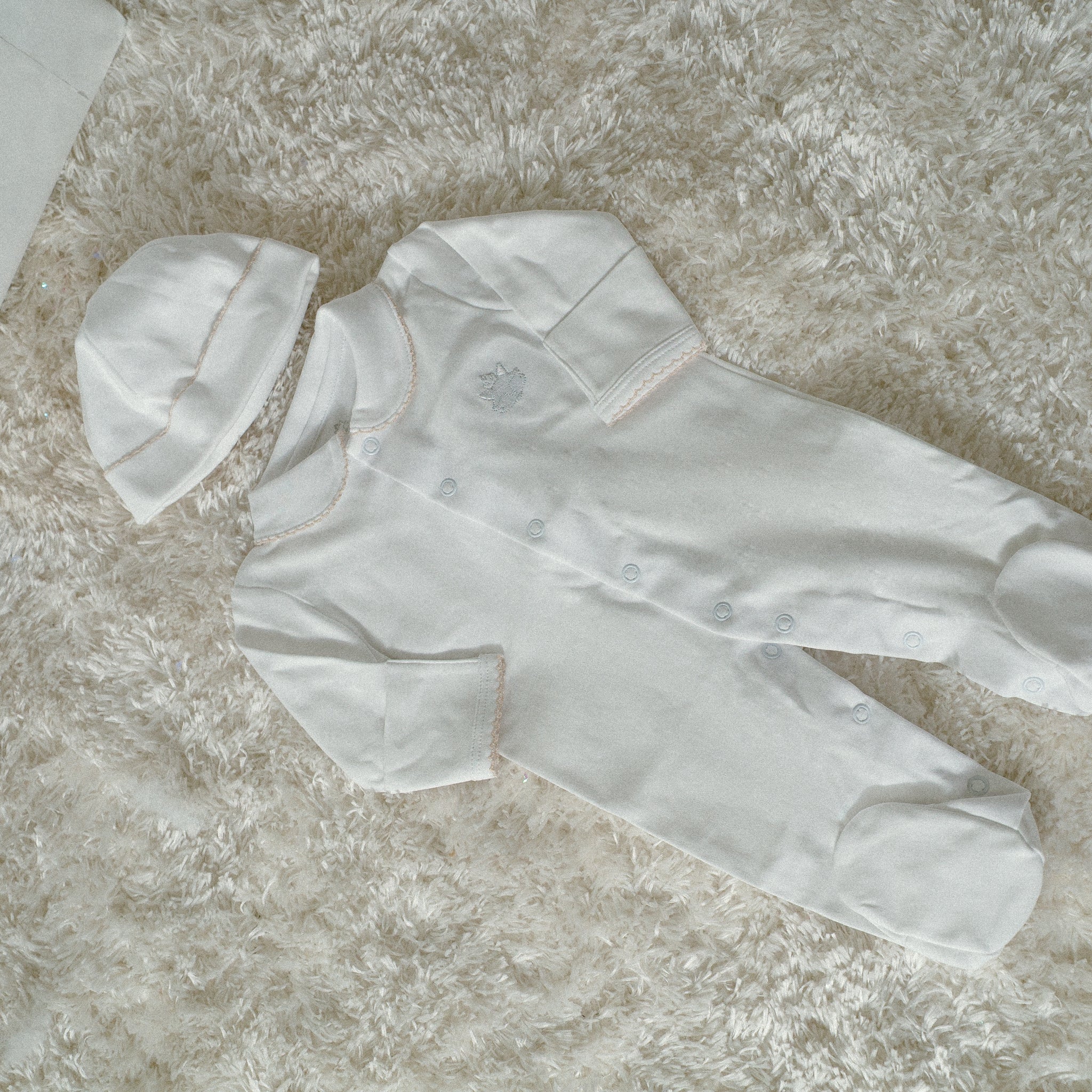 Sand Pima Cotton Romper with Hand-Embroidered Neckline | Elegant Baby Outfit