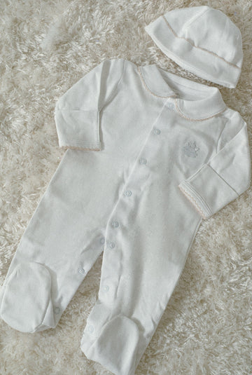 Sand Pima Cotton Romper with Hand-Embroidered Neckline | Elegant Baby Outfit