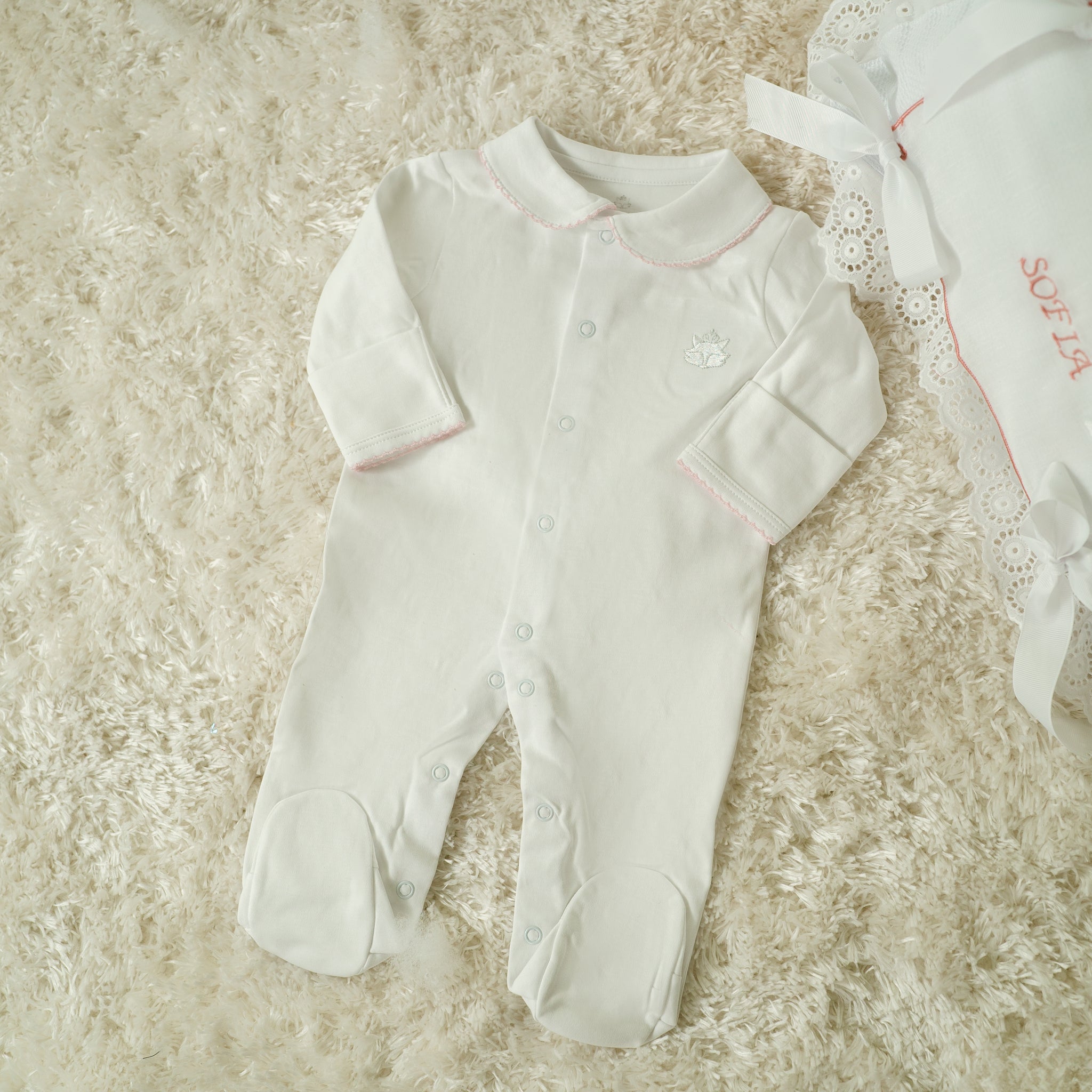 Pink Pima Cotton Romper with Hand-Embroidered Neckline | Elegant Baby Outfit