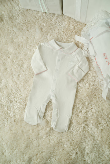 Pink Pima Cotton Romper with Hand-Embroidered Neckline | Elegant Baby Outfit