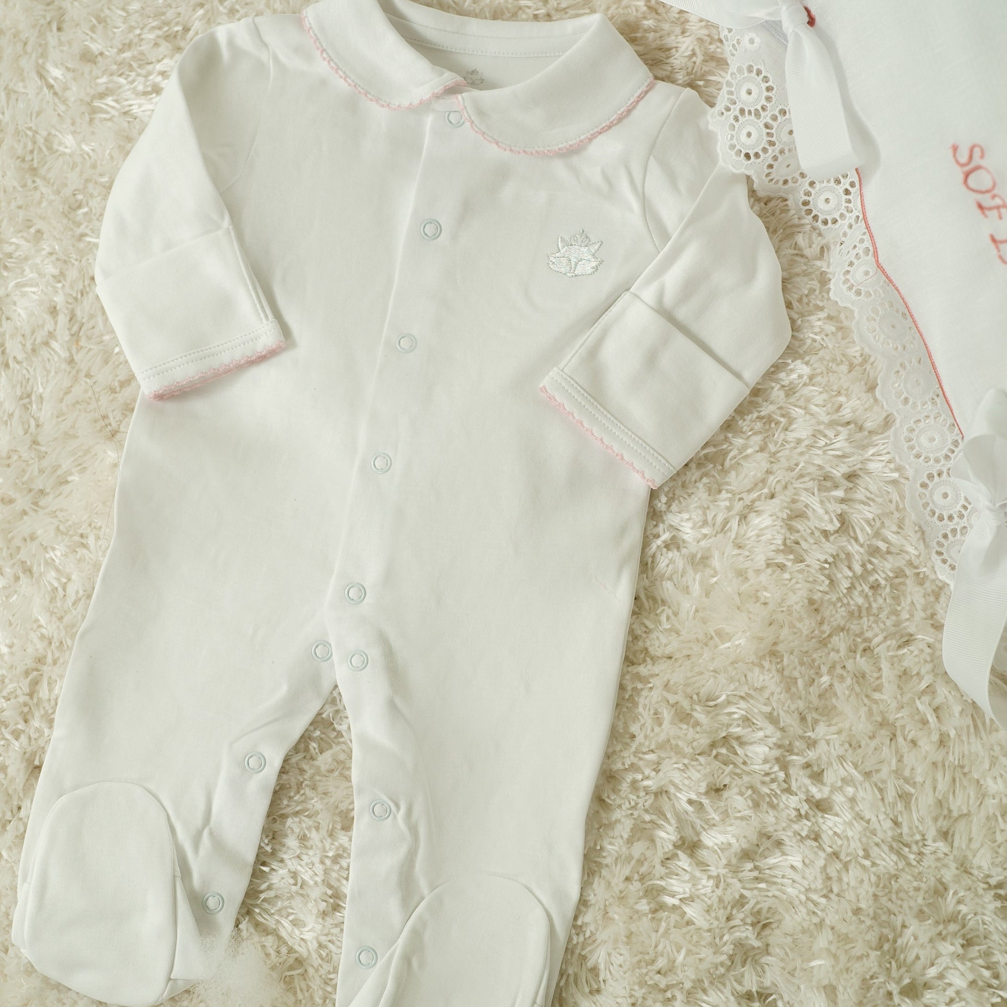 White Pima Cotton Romper with Pink Hand-Embroidered Neckline