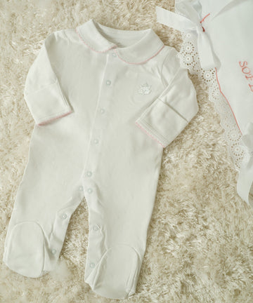 White Pima Cotton Romper with Pink Hand-Embroidered Neckline
