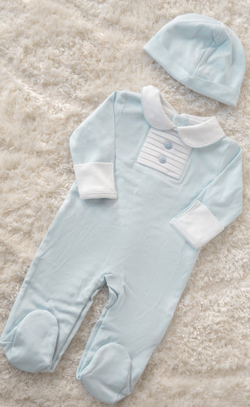 light blue Pima Cotton Baby Romper with Front Button Detail | Stylish Infant Outfit