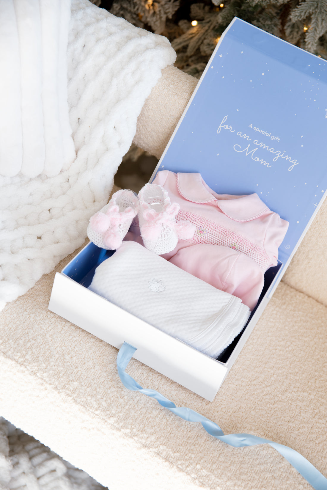 GIFT BOX Pima Cotton Smocked Romper Set – Includes Hat, Blanket and White Knit Shoes with Pom-Poms