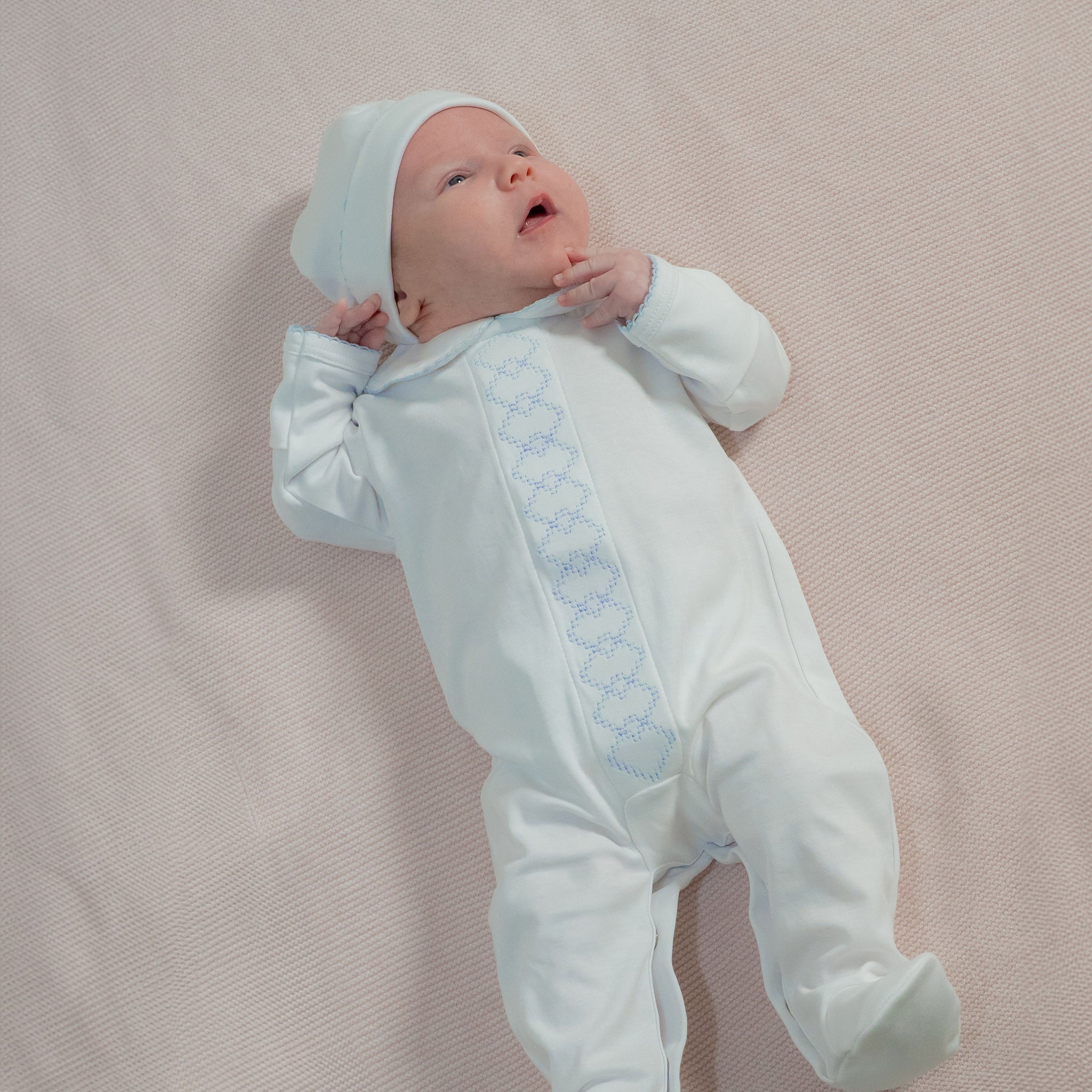 Light Blue Diamond Embroidered Baby Romper with Hat in Pima Cotton | Stylish Infant Outfit
