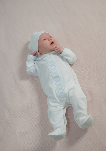 Light Blue Diamond Embroidered Baby Romper with Hat in Pima Cotton | Stylish Infant Outfit