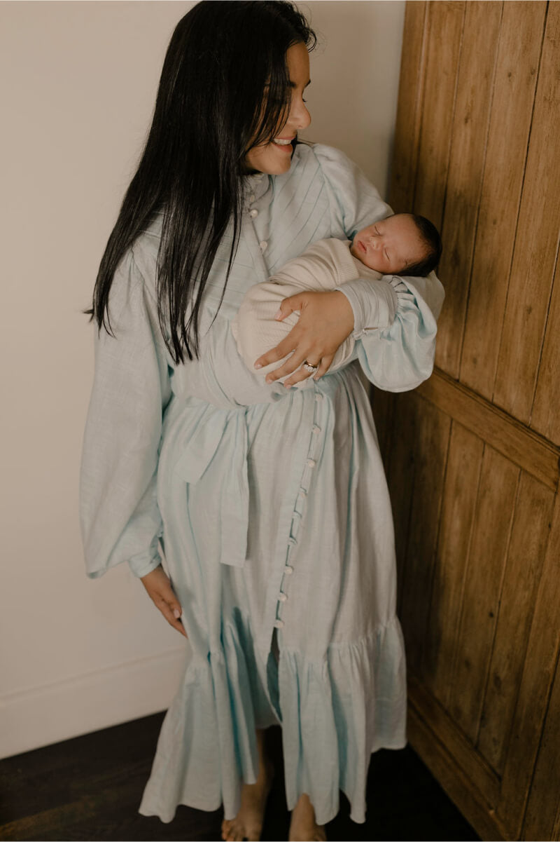 Premium  Maternity long sleeve light blue:50% Linen & 50% Cotton