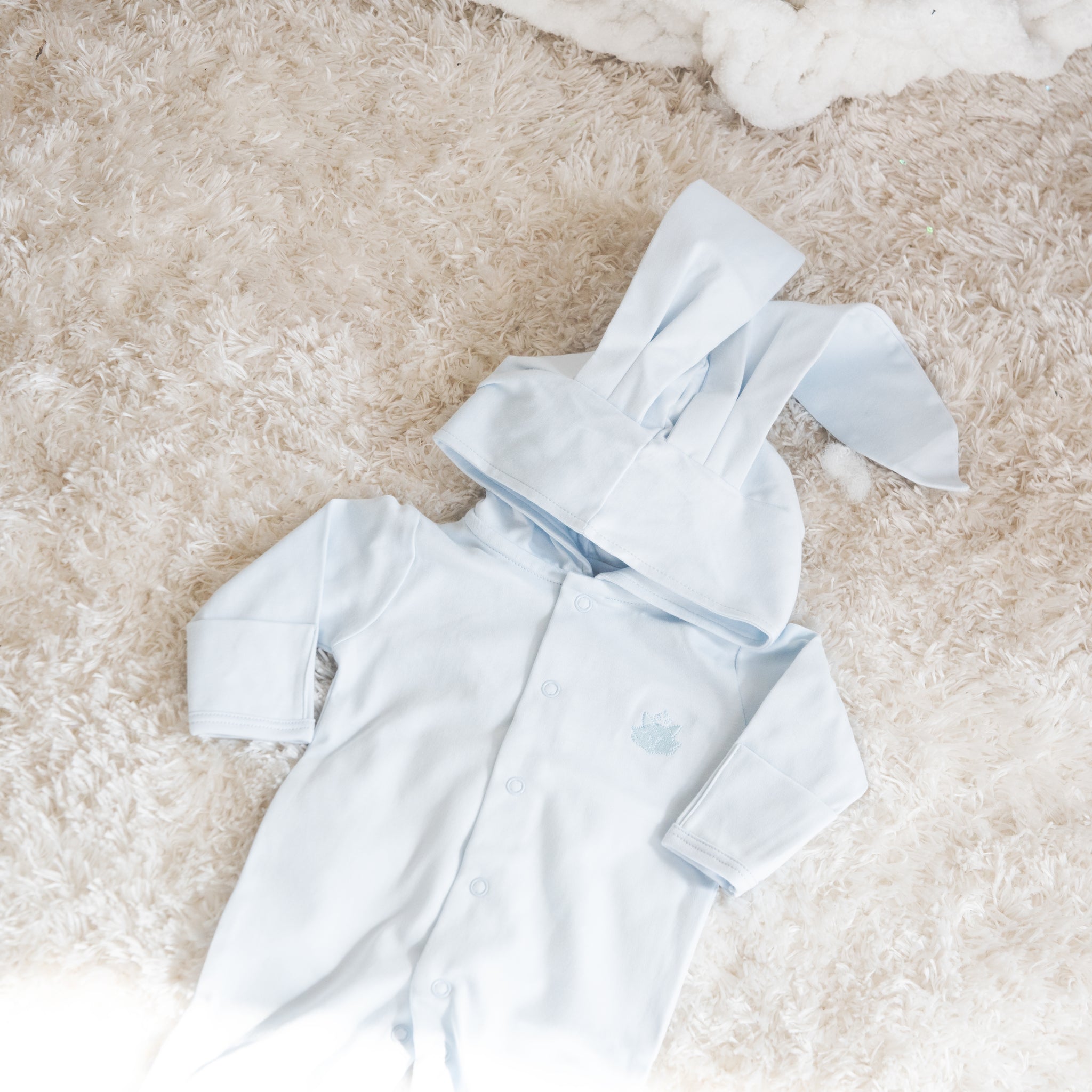 Baby Blue Pima Cotton Baby Romper with Bunny Ears | Adorable Infant Outfit