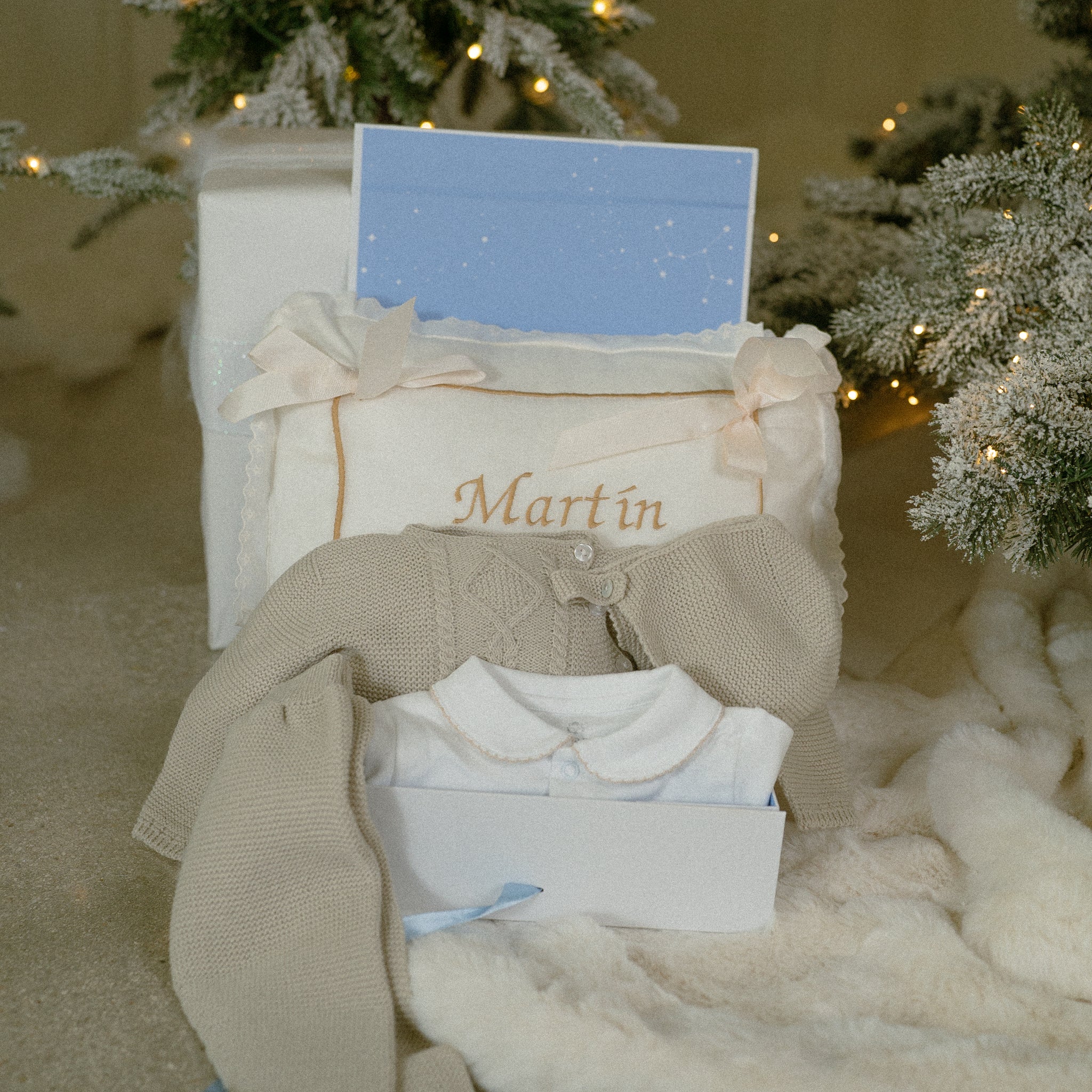 GIFT BOX Crossed Knit Set with Personalized Pillow – White Pima Cotton Romper with Sand Hand-Embroidered Neckline