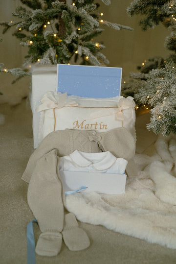 GIFT BOX Crossed Knit Set with Personalized Pillow – White Pima Cotton Romper with Sand Hand-Embroidered Neckline