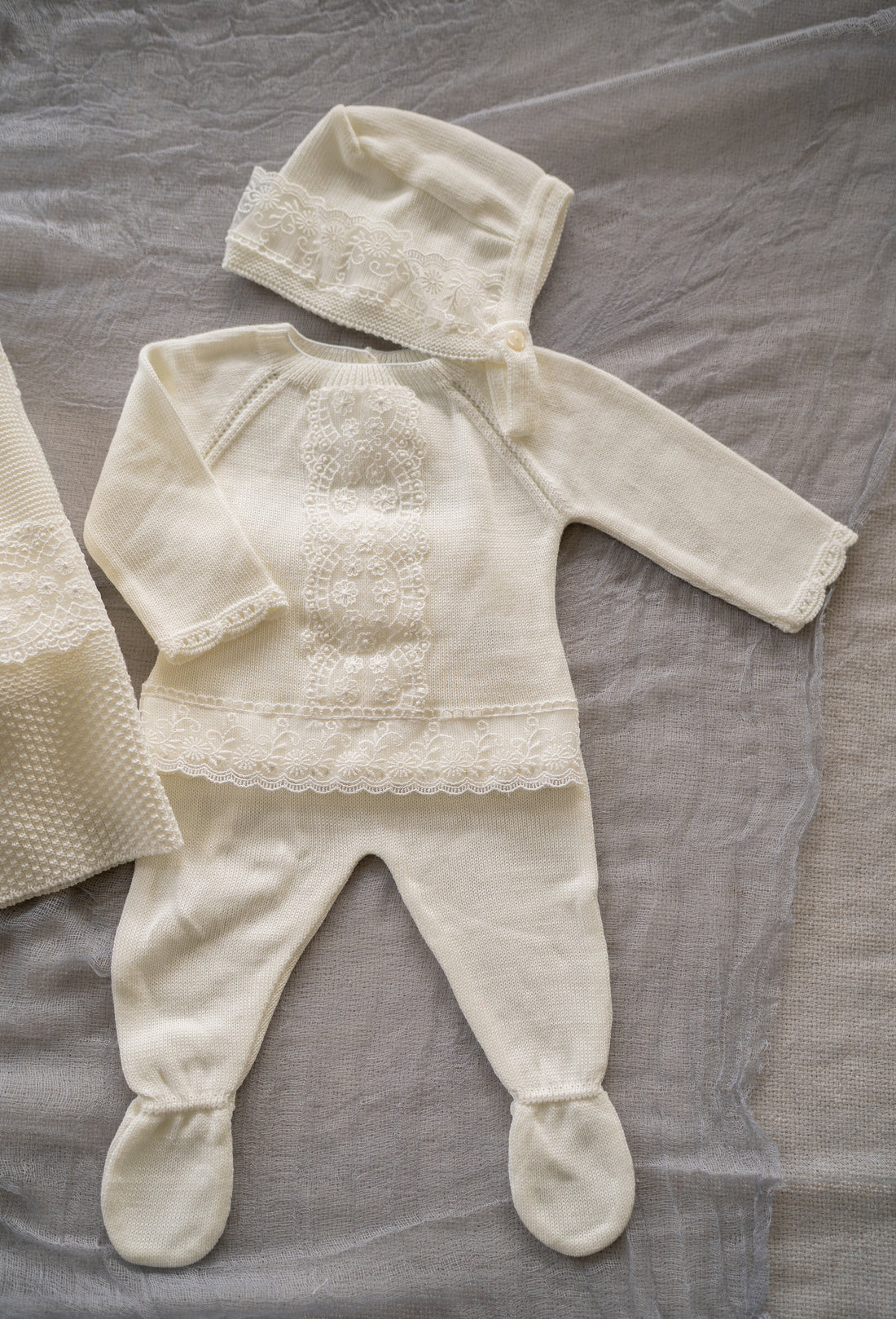 Grace in Lace – 3-Piece Knit Baby Set with Delicate Embroidered Trim #C8007