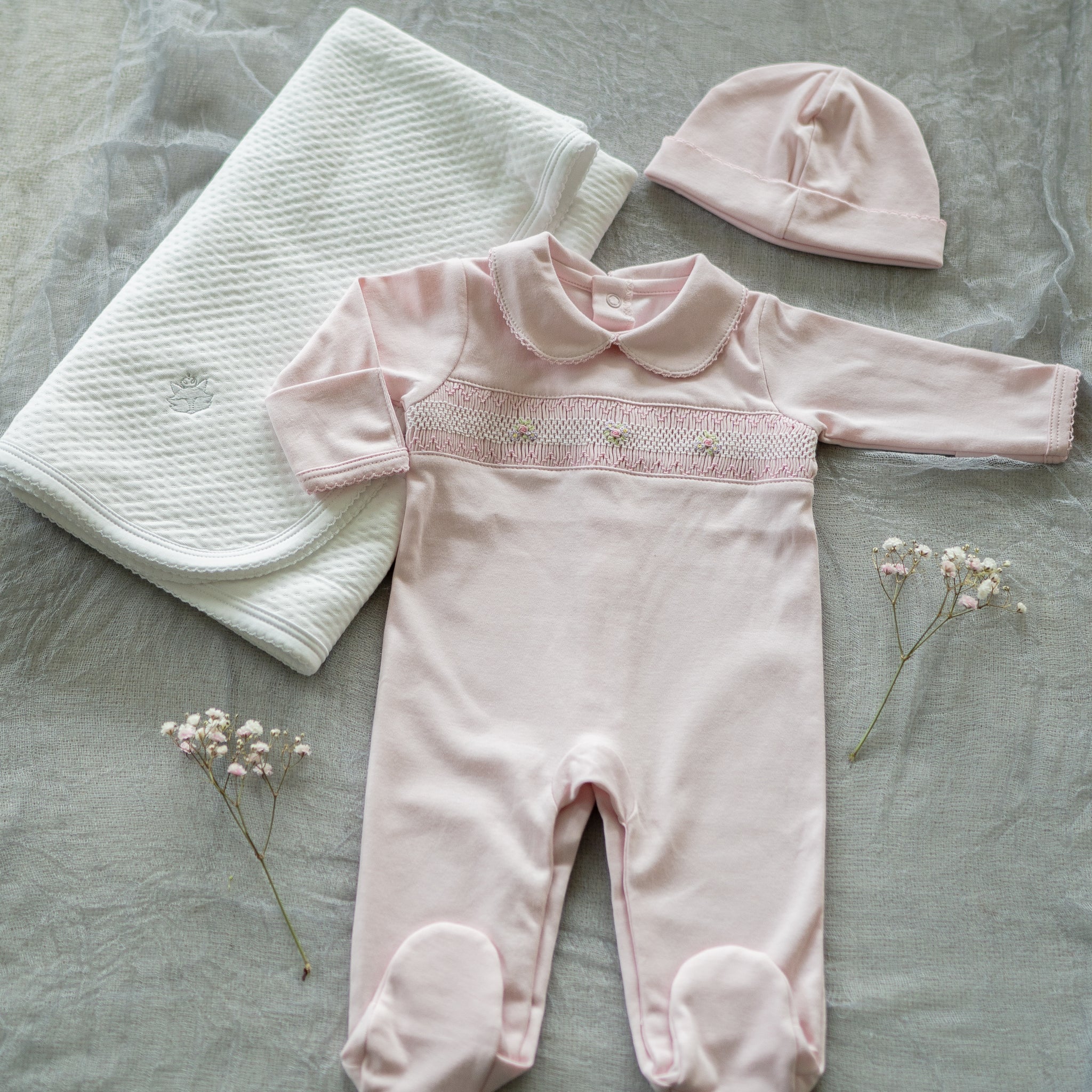 Pink Pima Cotton Smocked Romper with Hat | Soft Baby Outfit for First Wear