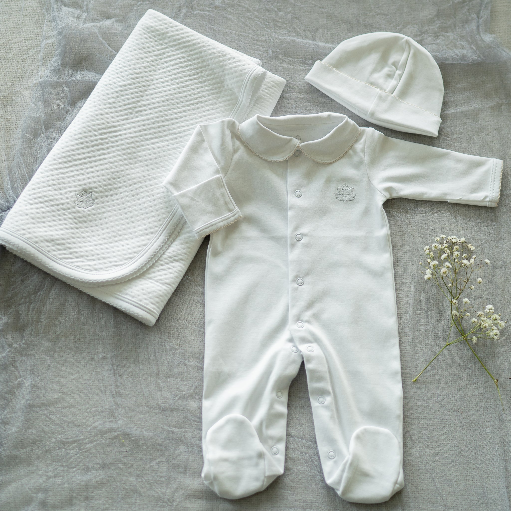 Light Blue Pima Cotton Romper with Hand-Embroidered Neckline | Elegant Baby Outfit