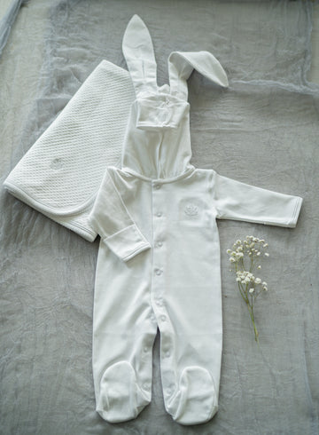 White Pima Cotton Baby Romper with Bunny Ears | Adorable Infant Outfit