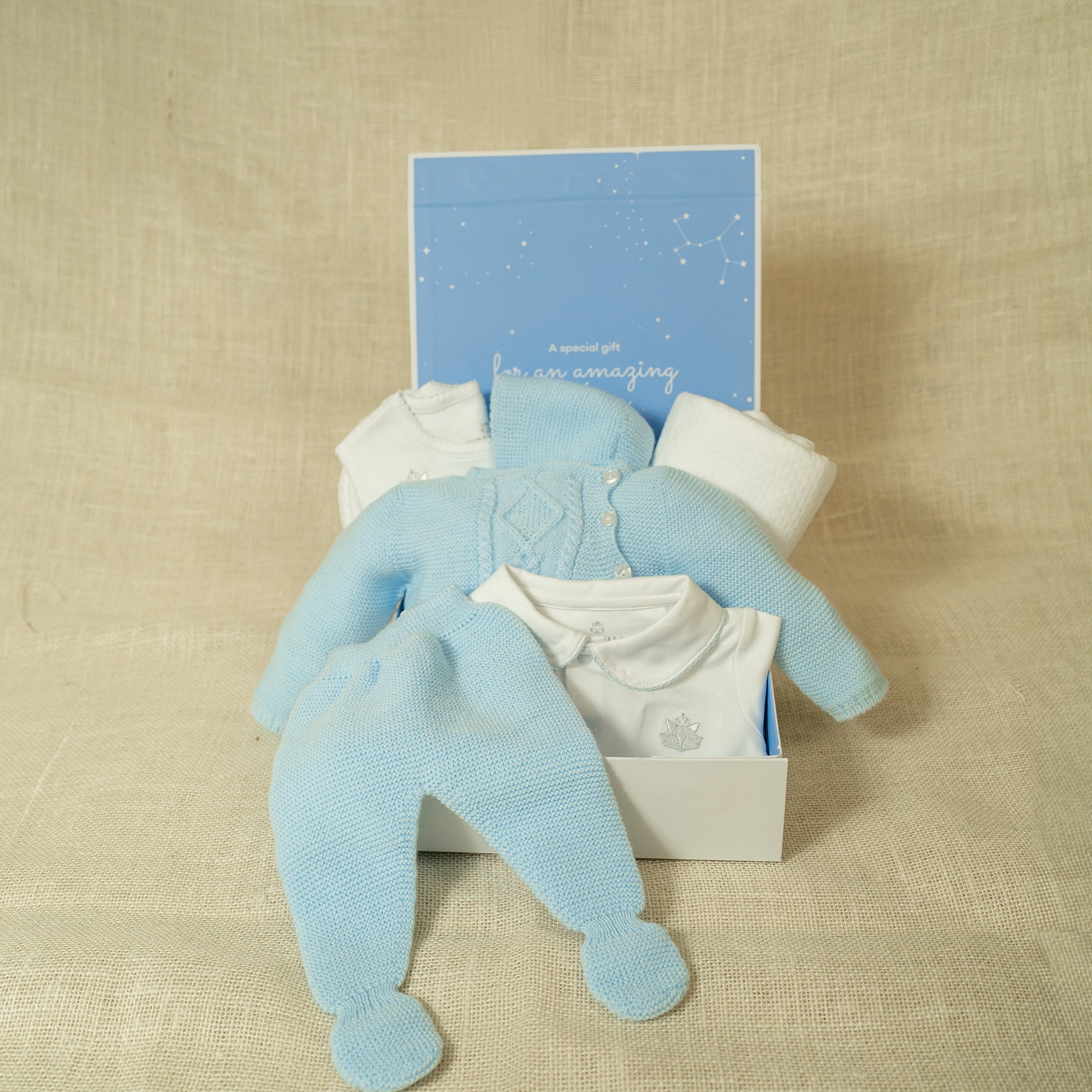 GIFT BOX White Pima Cotton Romper with Light Blue Embroidered Neckline + Matching Knit Bib & Blanket Set