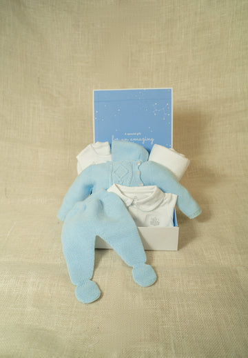 GIFT BOX White Pima Cotton Romper with Light Blue Embroidered Neckline + Matching Knit Bib & Blanket Set