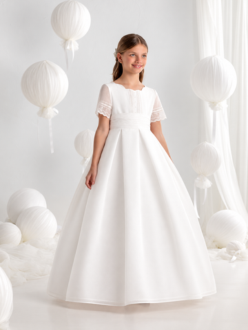 First Communion Dress Model #7115:  Romantic White Plated skirt
