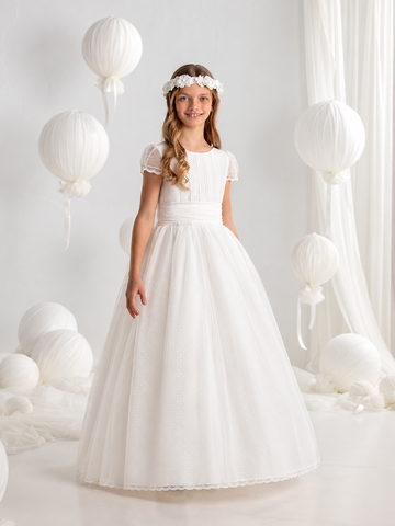 First Communion Dress Model #7109  Fantasy White Spanish Lace Short Sleeve