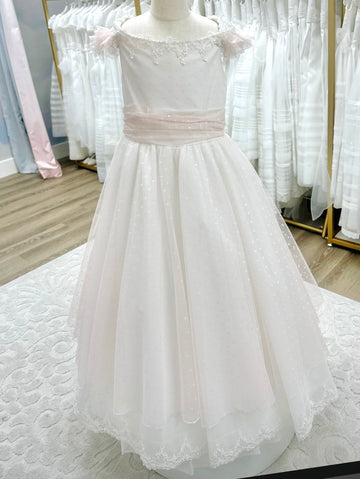 Romantic Bohemian Dress in White with Blush Tulle and Delicate Dots #3505