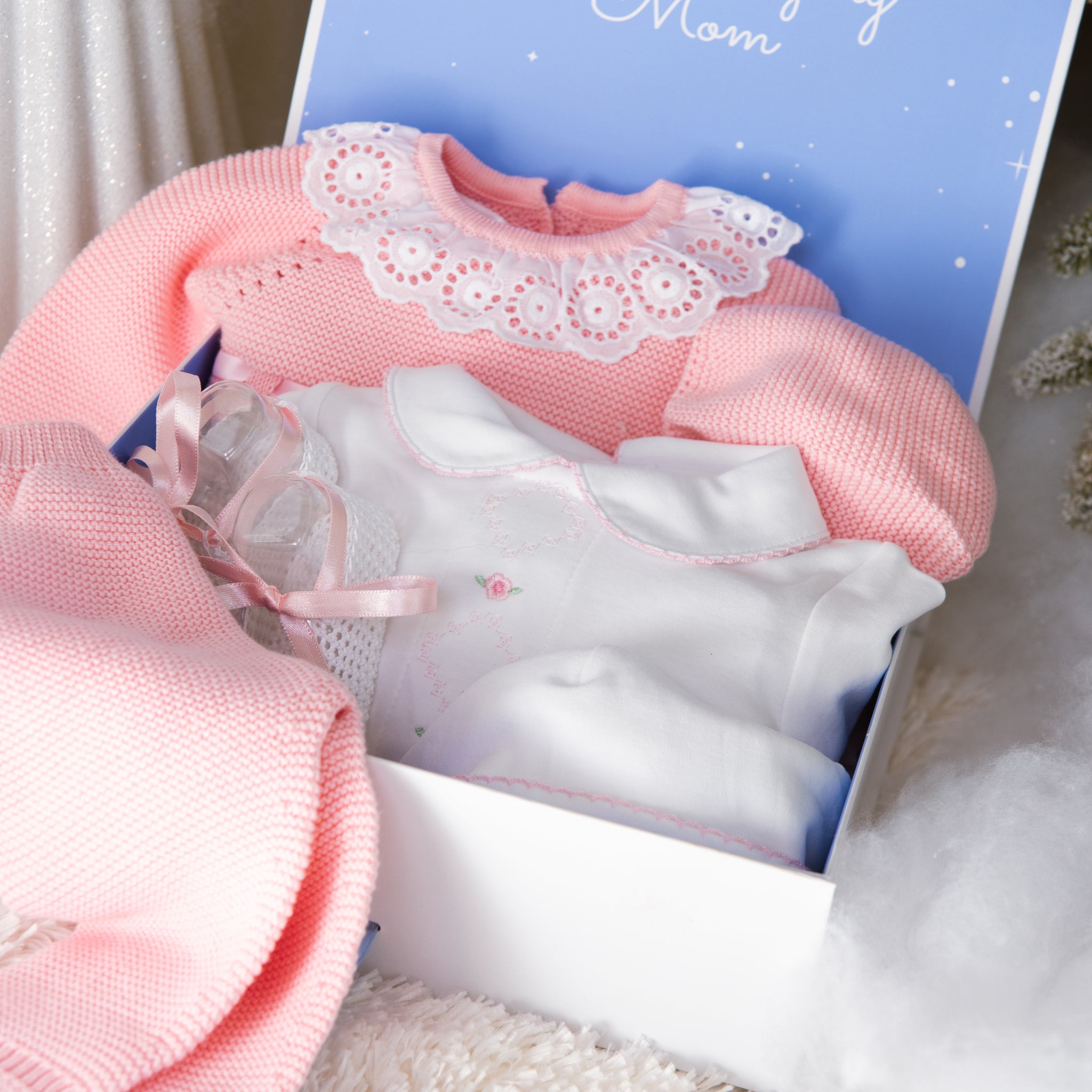 GIFT BOX Paris Knit Set with Embroidered Diamond Baby Romper, Hat & Booties in Pima Cotton | Newborn Gift Set