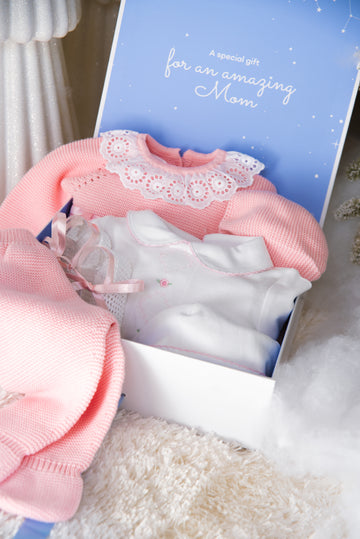 GIFT BOX Paris Knit Set with Embroidered Diamond Baby Romper, Hat & Booties in Pima Cotton | Newborn Gift Set