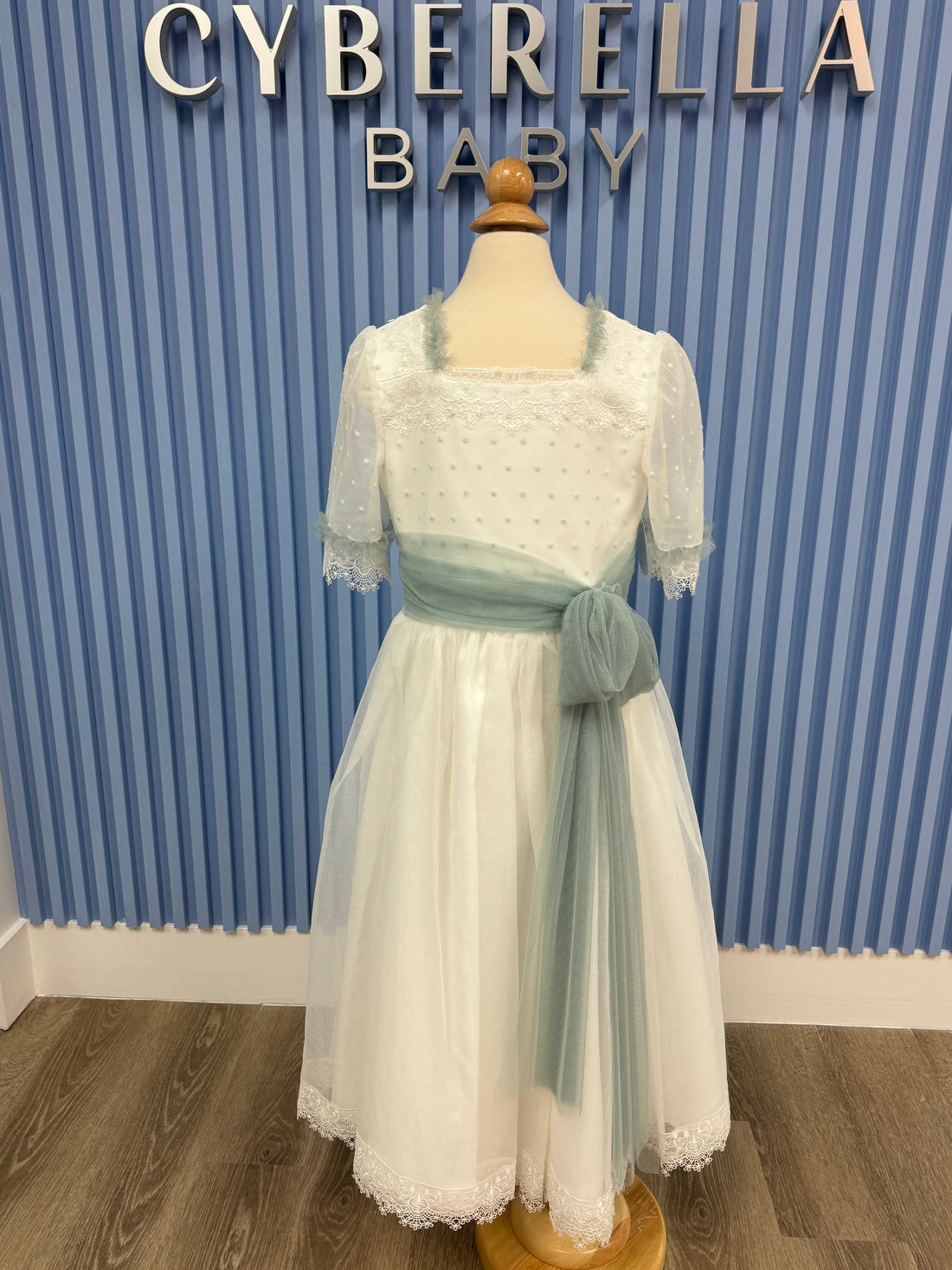 First Communion White Elegant dress with mint green polka dots and sash-#2105