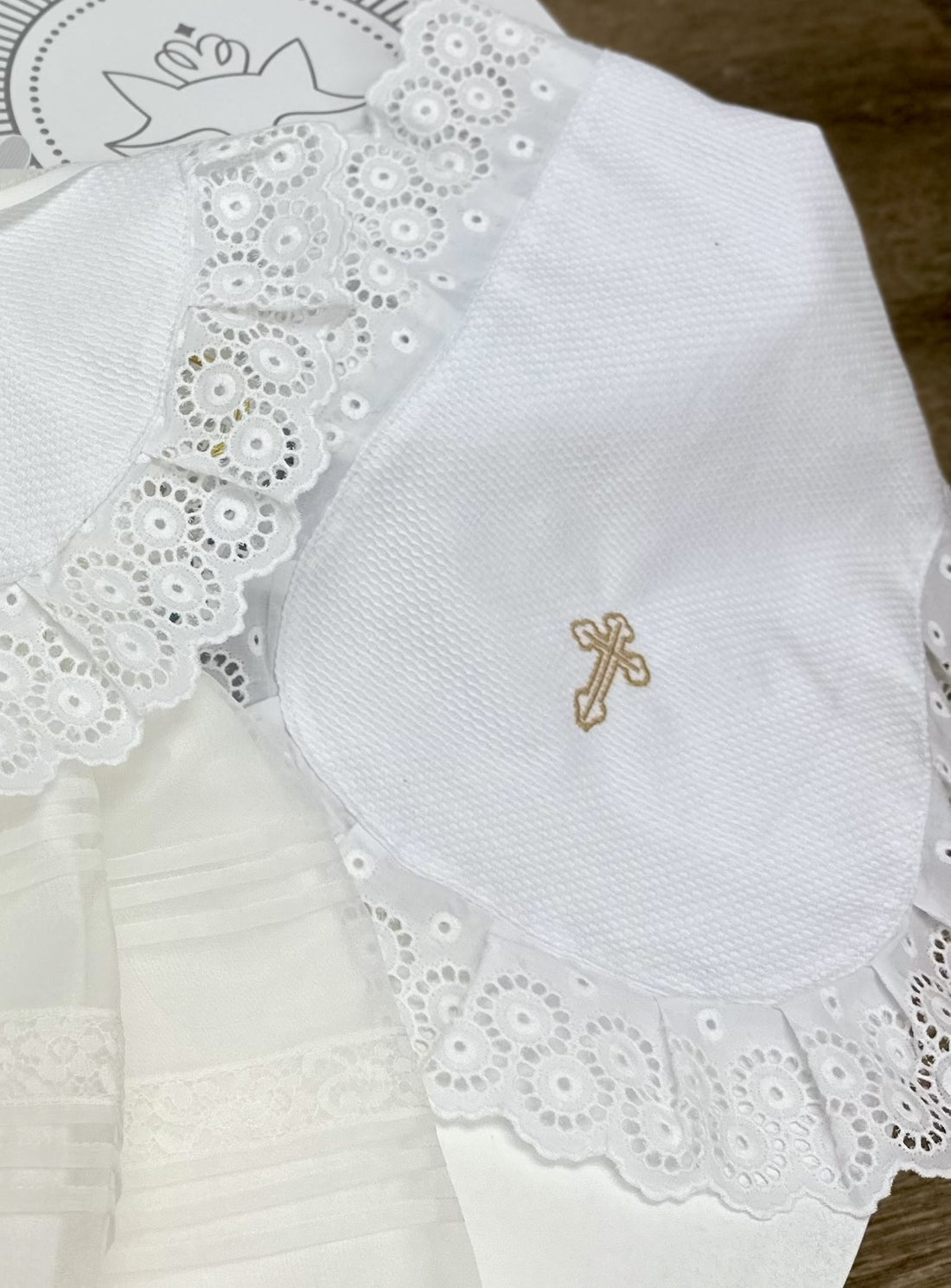 White Baptism Burp Clothe with Gold Cross Embroidery