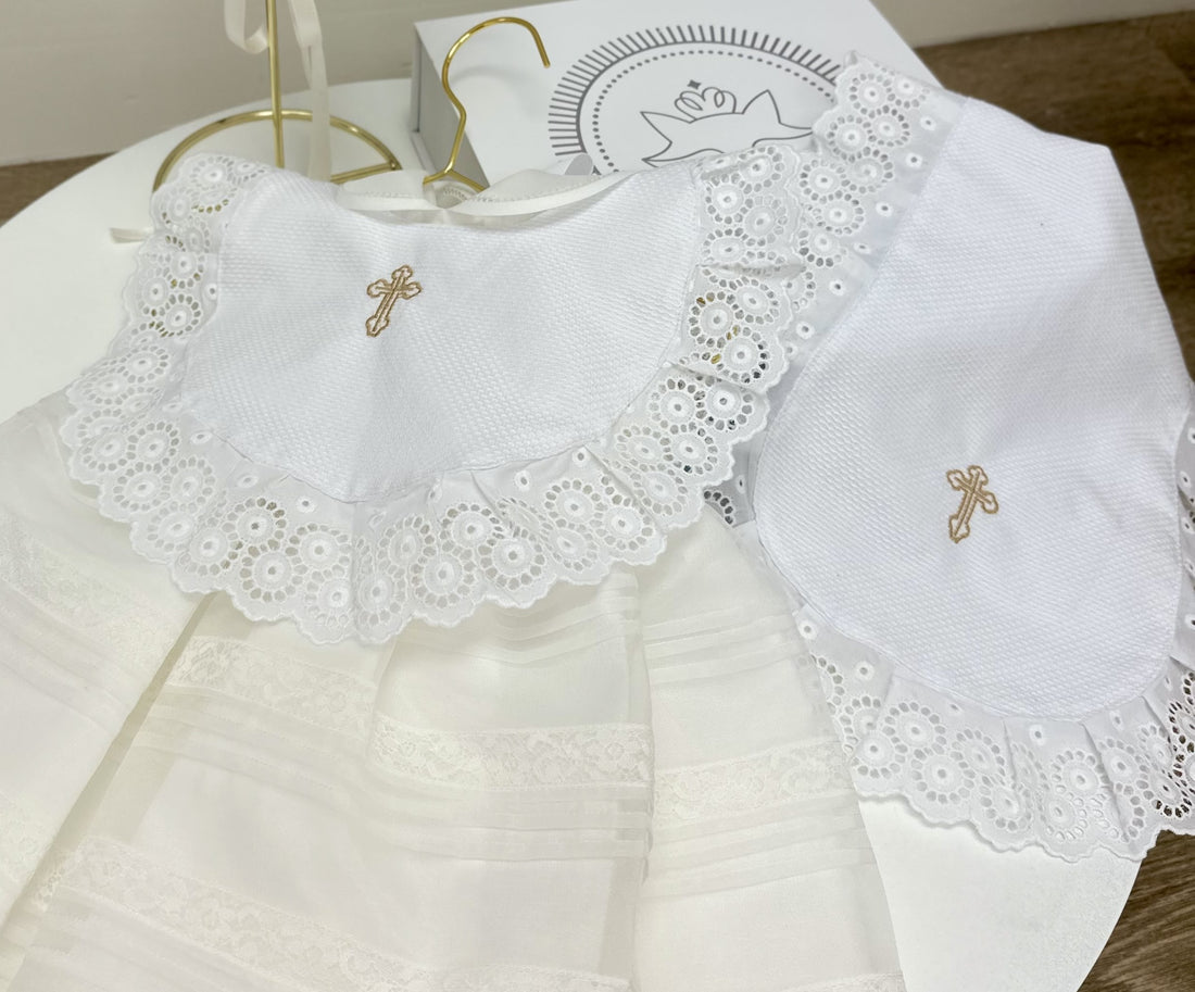 White Baptism Bib and Burp Cloth Set with Gold Cross Embroidery