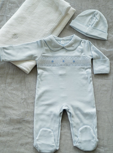 Pima Cotton Smocked Romper with Hat | Soft Baby Outfit for First Wear