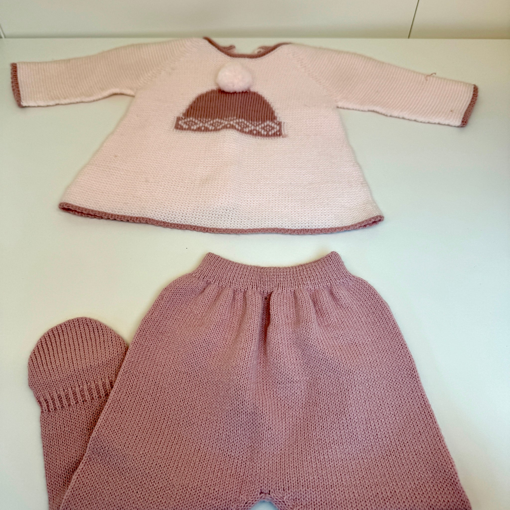 Pink Knitted Baby dress with matching pants – Winter Hat Design
