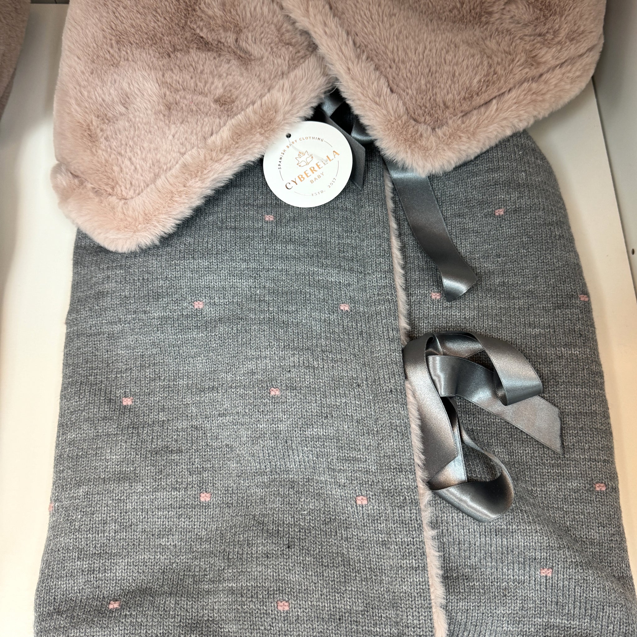 Cozy Crib Sack- Winter Knit Baby Wrap with Faux Fur, Grey & Blush