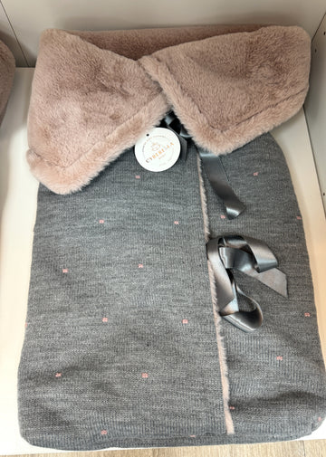 Cozy Crib Sack- Winter Knit Baby Wrap with Faux Fur, Grey & Blush