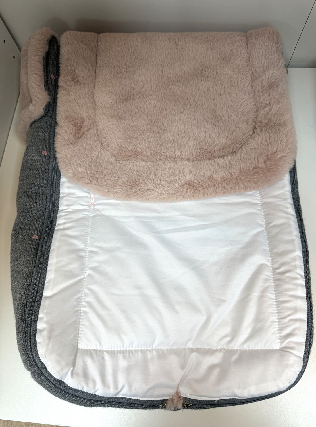 Cozy Stroller Sack- Winter Knit Baby Wrap with Faux Fur, Grey & Blush