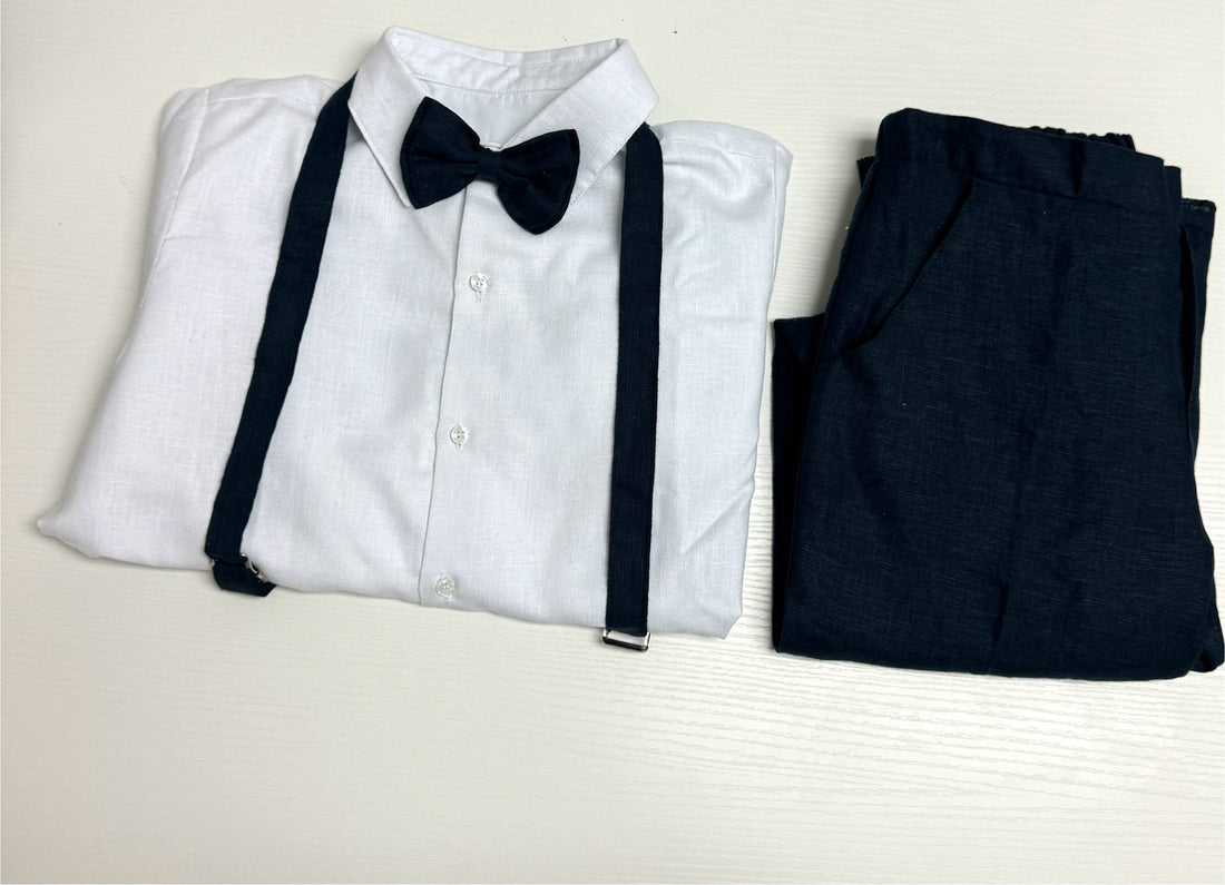 Classic Navy Linen Suspender Set with White Shirt and Bow Tie