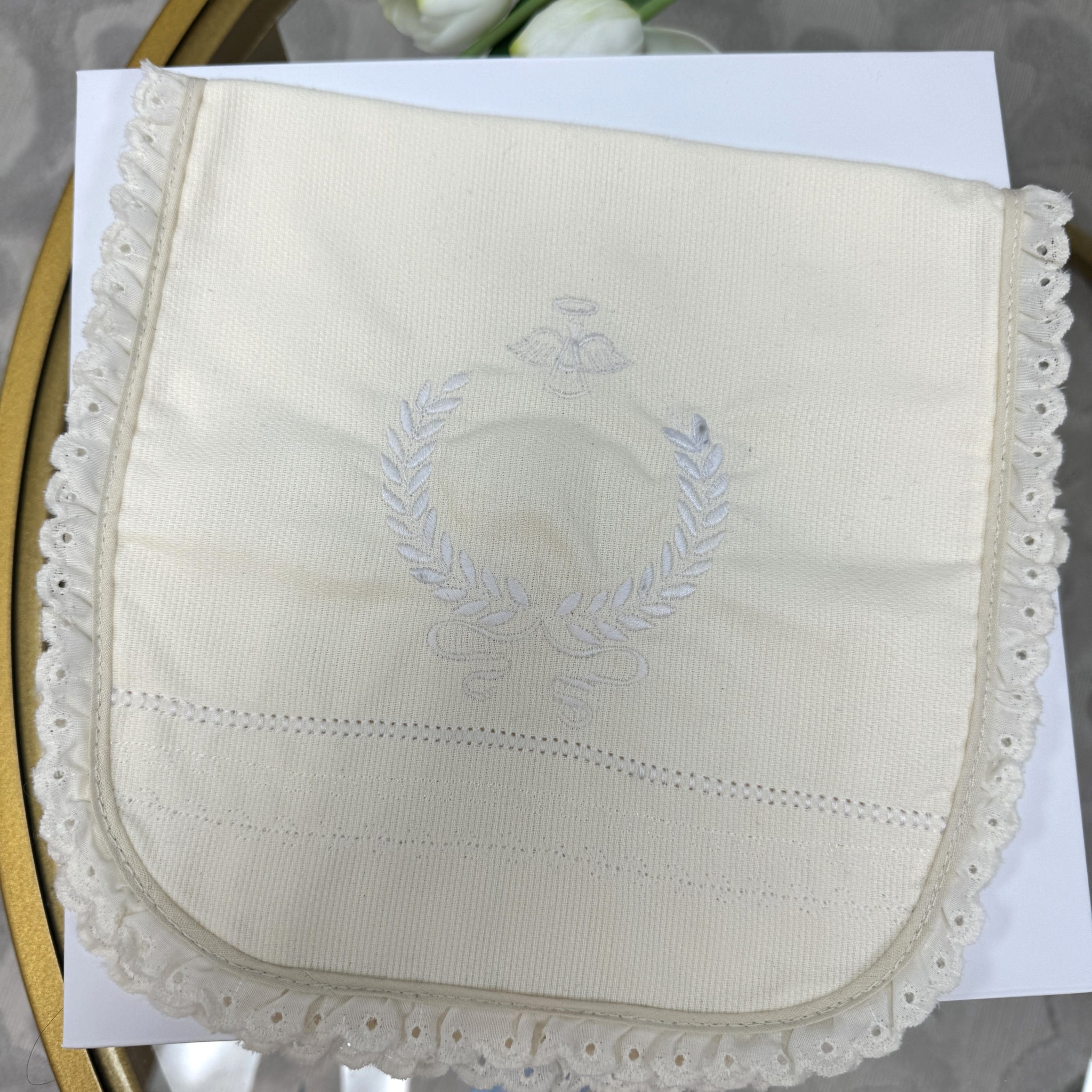 Ivory Burp Cloth with Embroidered Angel and Laurel Wreath