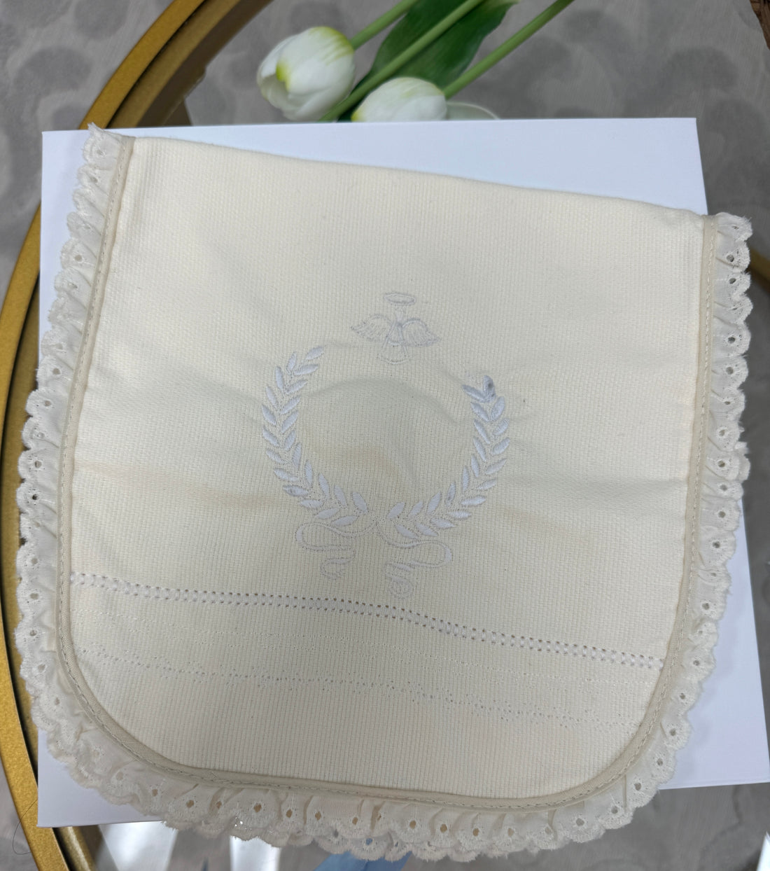 Ivory Burp Cloth with Embroidered Angel and Laurel Wreath