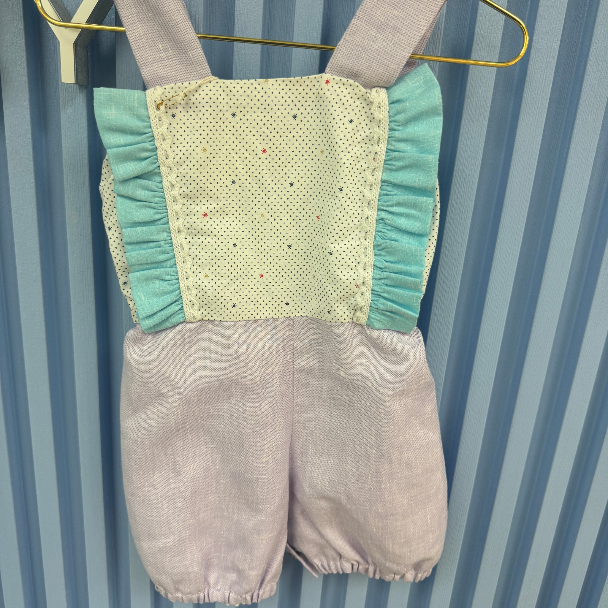 Adorable Baby Romper – blue & purple Linen with Ruffle Details - 1830