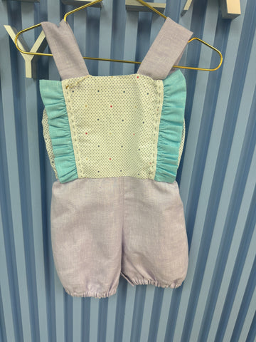 Adorable Baby Romper – blue & purple Linen with Ruffle Details - 1830