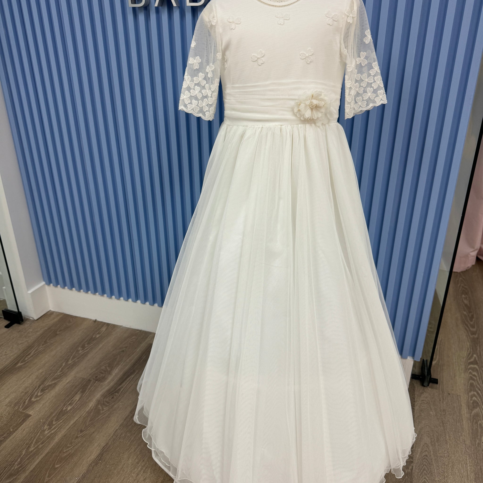 First Communion Dress Model 5203 – All in White with Elegant Butterflies